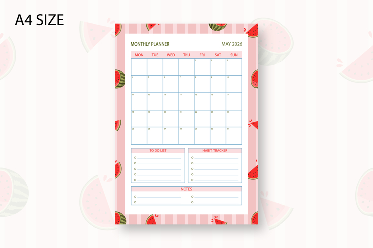 Watermelon Monthly Planner Template for May 2026