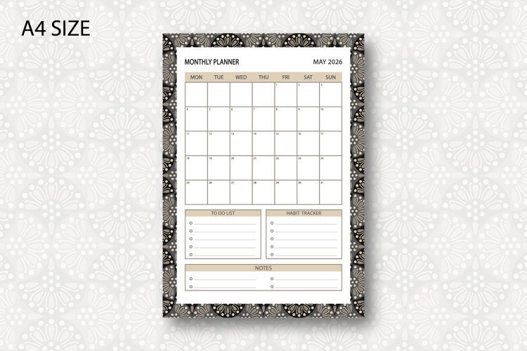 Monthly Planner Template for May 2026 with ogee pattern