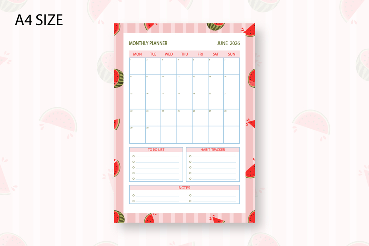 Watermelon Monthly Planner Template for June 2026