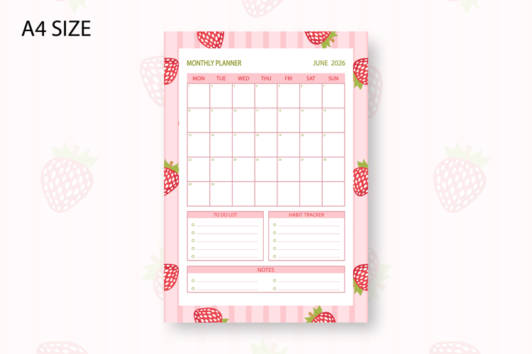 Strawberry Monthly Planner Template for June 2026