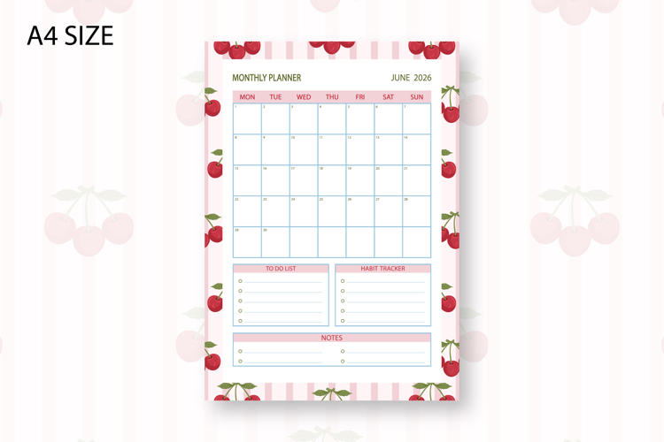 Cherry Monthly Planner Template for June 2026