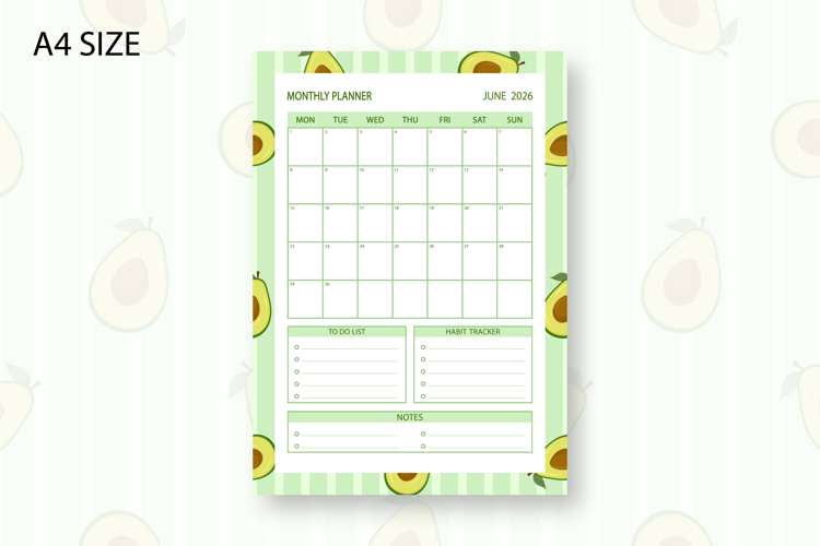 Avocado Monthly Planner Template for June 2026