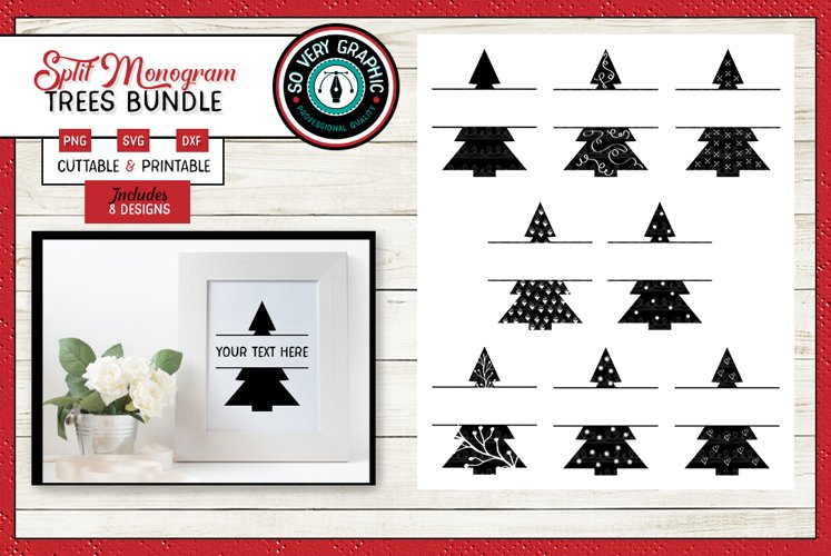 Split Monogram Pine Trees | 8 Cut Files | SVG | Print | PNG example image 1