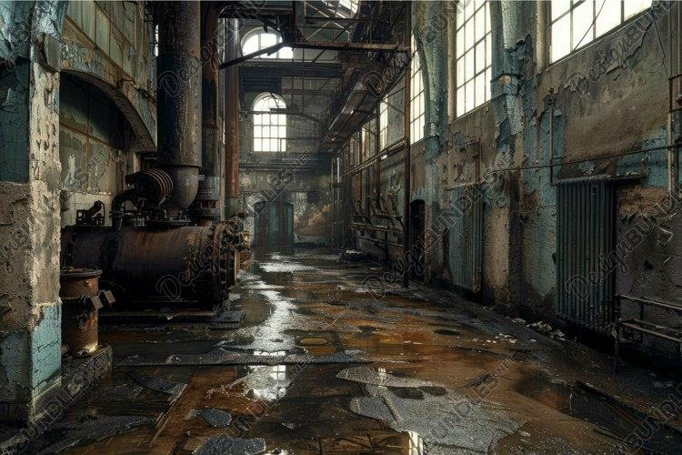 Abandoned industrial interior with sunlight