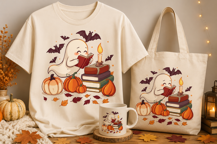 Ghost Reading Book PNG with Pumpkins | Halloween Clipart