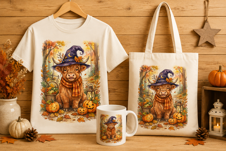 Witch Highland Cow Scarf Jack O' Lantern Autumn Art