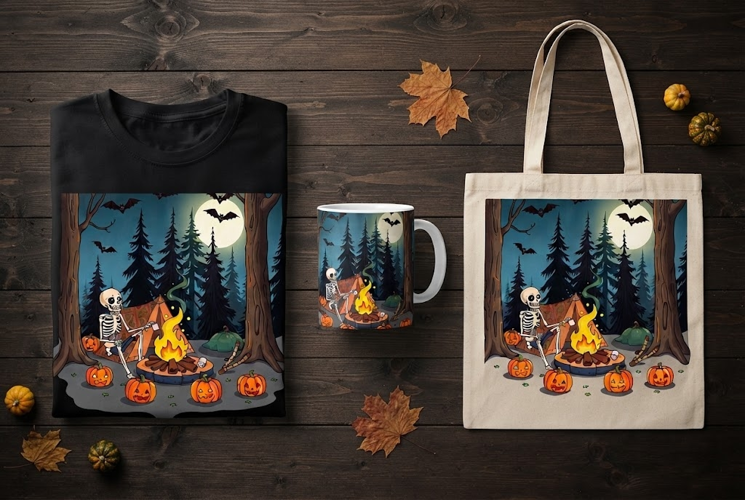 Skeleton Camping Halloween Design with Pumpkins and Tent