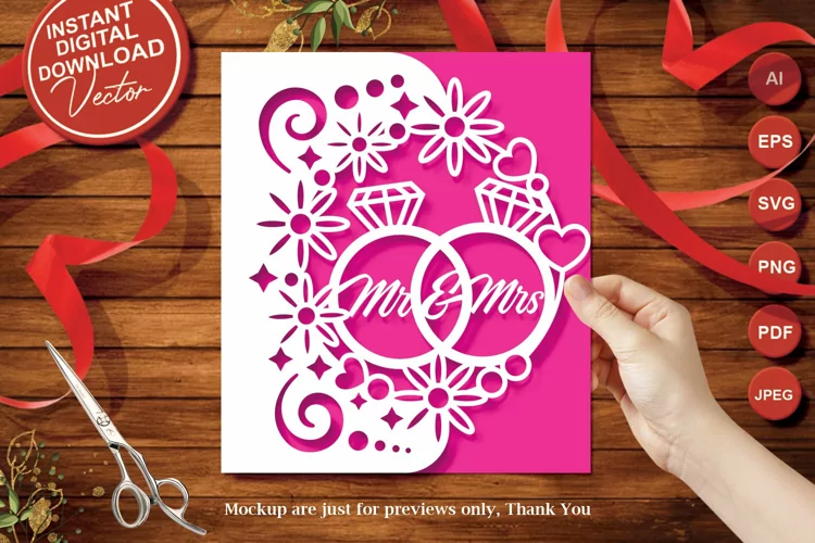 Mr and Mrs Wedding Rings Card Cover with Hearts and Flowers