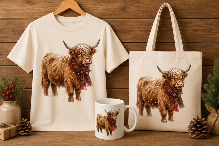 Highland Cow in Plaid Scarf with Snow Winter Art Print