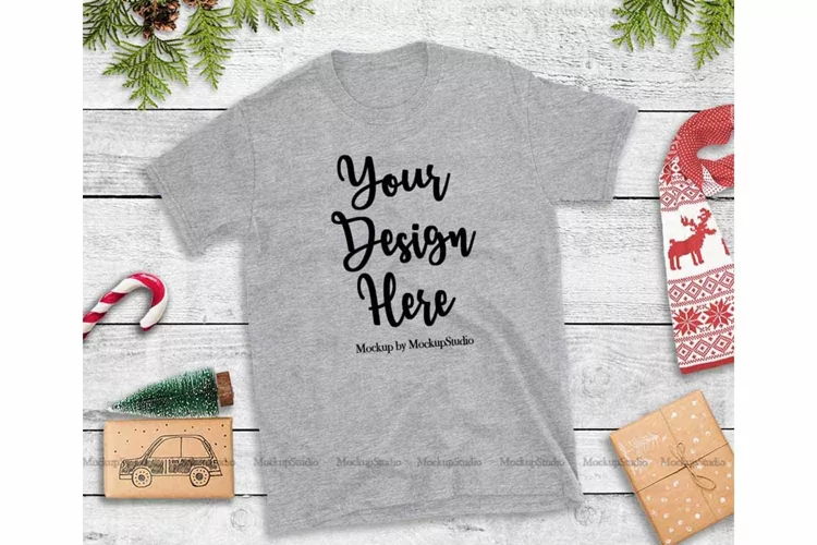 Gray Christmas Tshirt Mockup Holiday Unisex Tee Flat Lay