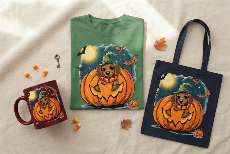 Halloween Dog Pumpkin PNG | Cute Dachshund Witch Hat Design
