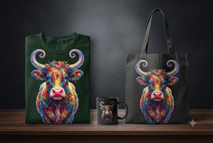 Rainbow Highland Cow PNG with Colorful Floral Horns example image 1