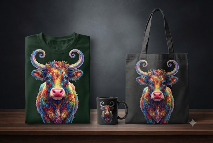 Rainbow Highland Cow PNG with Colorful Floral Horns