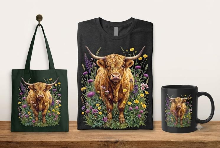Highland Cow Wildflower PNG, Floral Cow, Farmhouse Clipart