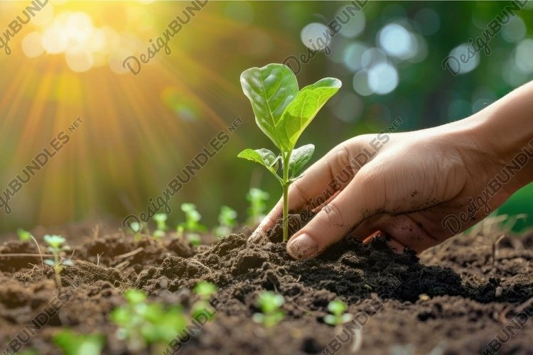 Farmer planting small tree in sunlight for sustainable futur