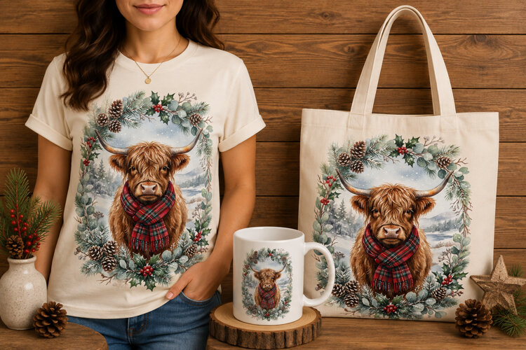 Plaid Scarf Highland Cow Winter Wreath Christmas Design example image 1