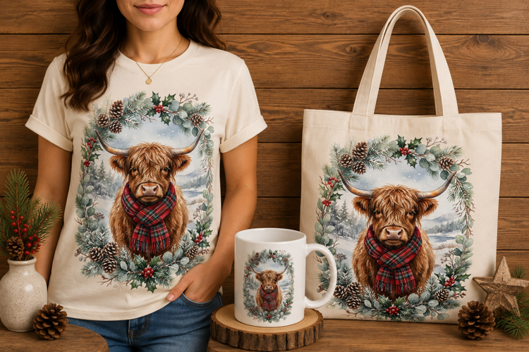 Plaid Scarf Highland Cow Winter Wreath Christmas Design