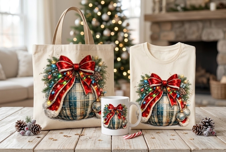 Christmas Plaid Pillow PNG, Red Santa Bow with Christmas Lig