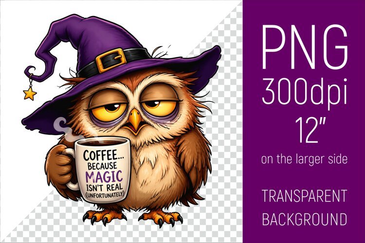 Funny Morning Coffee Owl in Witch Hat | Halloween Clipart example image 1