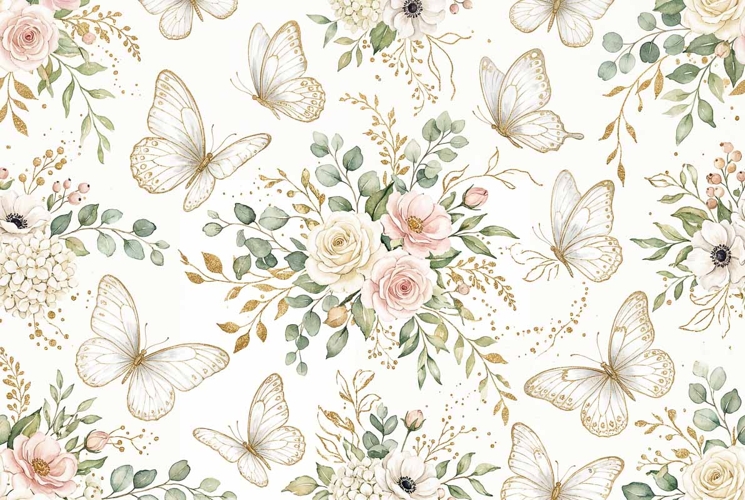 Watercolor seamless pattern with elegant white butterflies