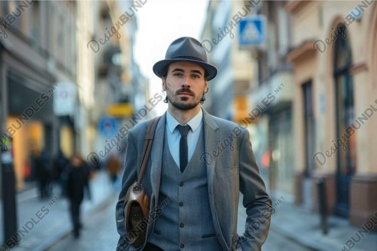 Businessman walking in the city wearing suit and hat example image 1