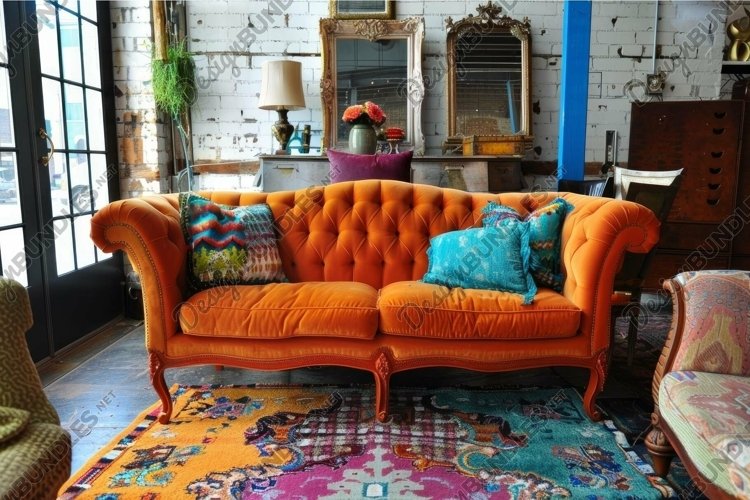 Eclectic vintage living room interior with colorful sofa