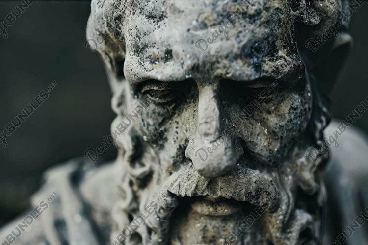 Detailed view of a weathered stone statue depicting an old p example image 1