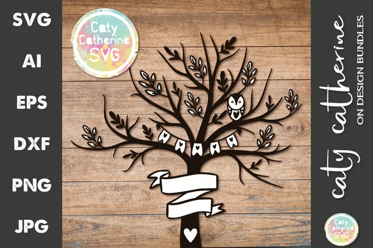 Tree with Ribbon Banner Leaves Owl Cut File