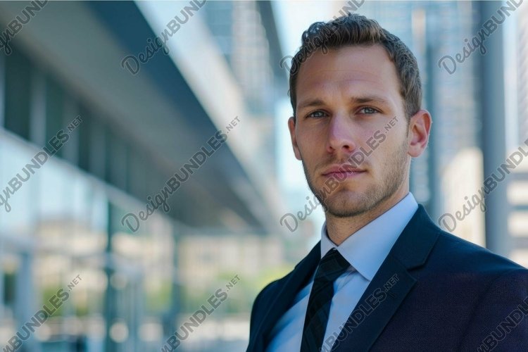 Serious businessman standing in modern city center
