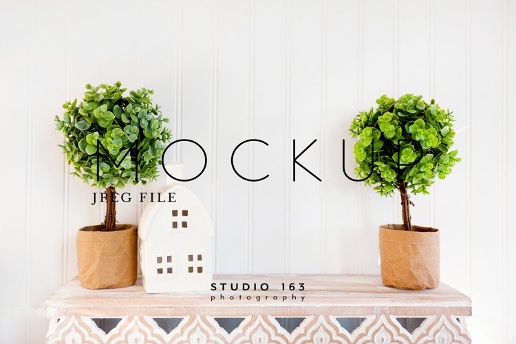 Blank Wall Mockup, Topiary and Shelf, JPEG example image 1