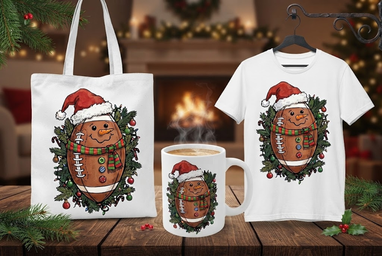 Snowman Football Christmas Design with Santa Hat and Scarf