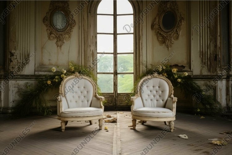 Abandoned elegance: vintage chairs in a derelict room example image 1