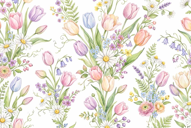 Watercolor seamless pattern with tulips Mothers Day