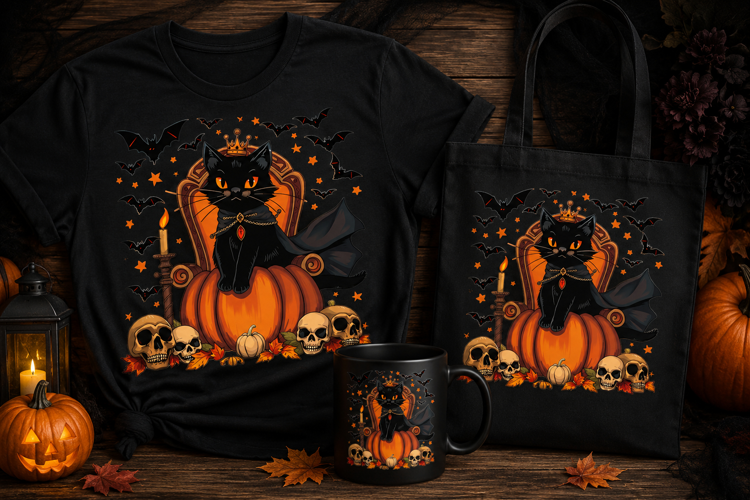 Halloween Black Cat King PNG | Pumpkin & Skull Spooky Design