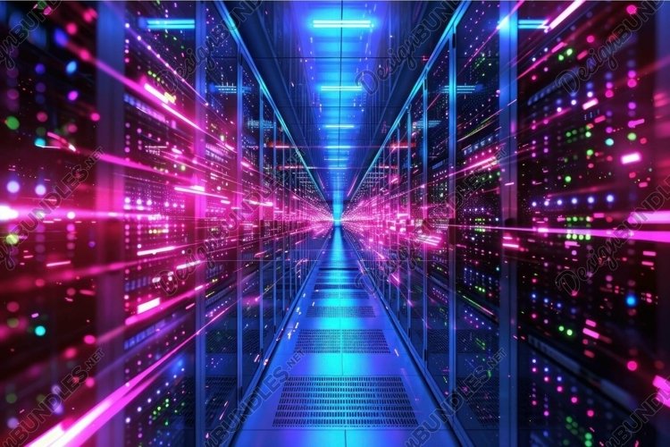 Futuristic data center hallway with vibrant lights example image 1