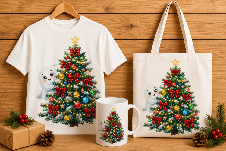 Baby Ghost Peeking Behind Christmas Tree Holiday Art