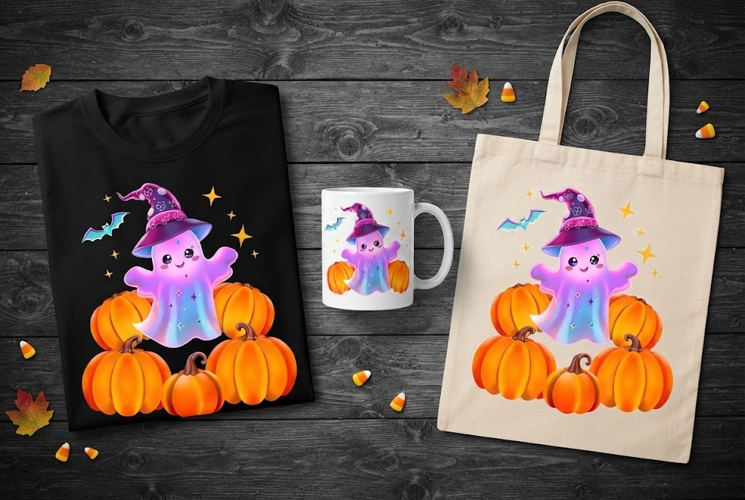 Cute Witch Ghost with Pumpkins Halloween PNG Clipart