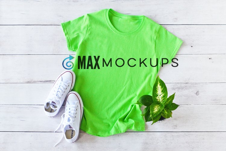 Green shirt mockup women, casual flatlay styled photo example image 1