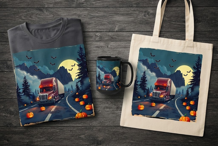 Semi Truck Highway Halloween Design with Pumpkins and Bats