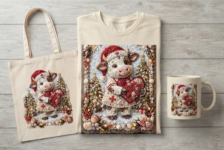 Seashell Christmas Cow Mosaic Nurse Heart Art Print example image 1