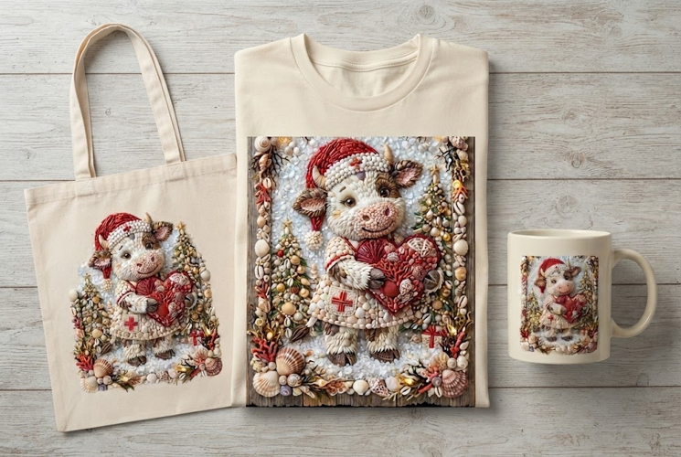 Seashell Christmas Cow Mosaic Nurse Heart Art Print