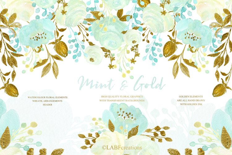 Mint and Gold. Watercolor floral clipart. example image 1