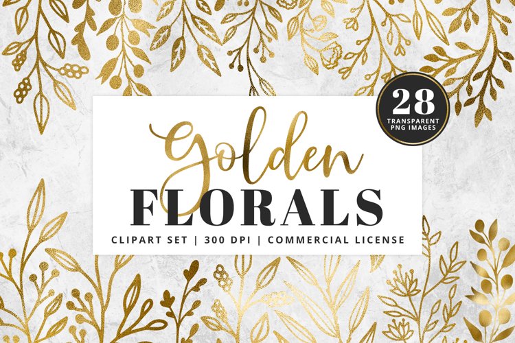 Golden Foil Floral Clipart Set | 28 Pcs | Transparent PNG example image 1