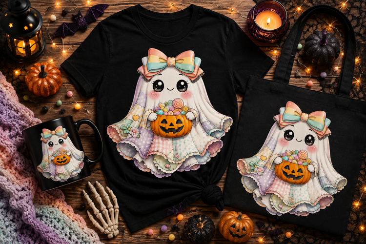Cute Ghost with Pumpkin Candy Bucket PNG | Kawaii Halloween