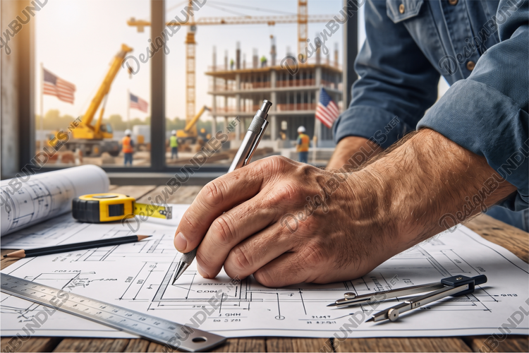 Close up of Architect Hand Drafting Blueprints