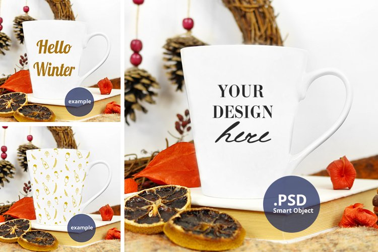 Latte mug mockup PSD, Winter White mug mock up full wrap