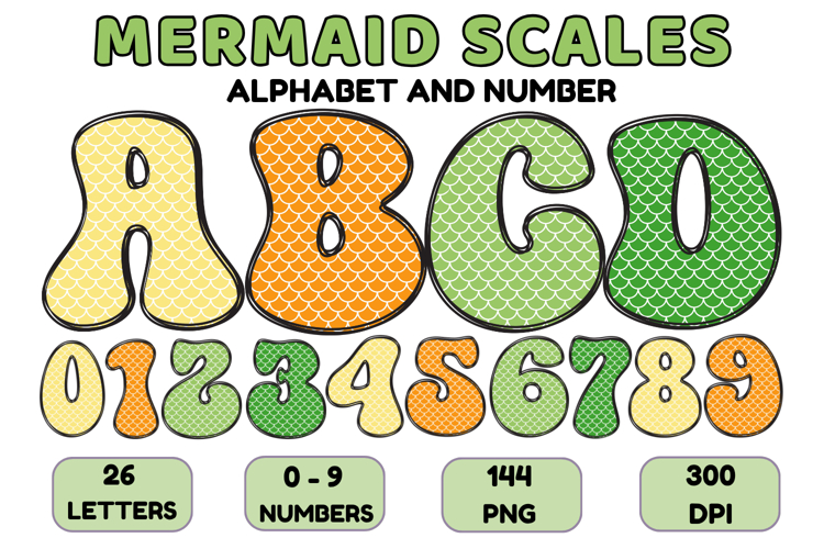 Mermaid Scales Alphabet Letters & Numbers Clipart PNG 300DPI