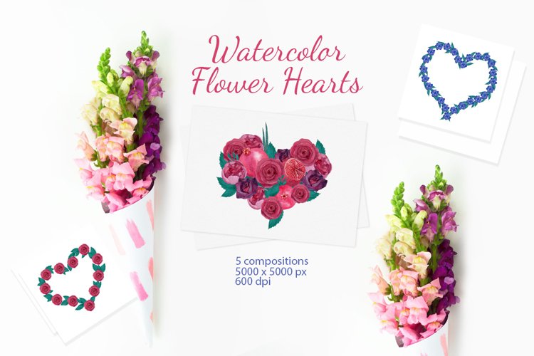 Watercolor flower hearts example image 1