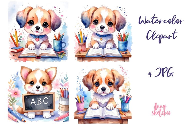 4 Studying Puppies at Desk Back to School Clipart JPG