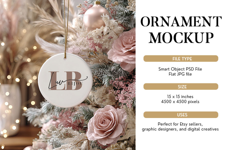 Blush Christmas Ornament Mockup PSD & JPG